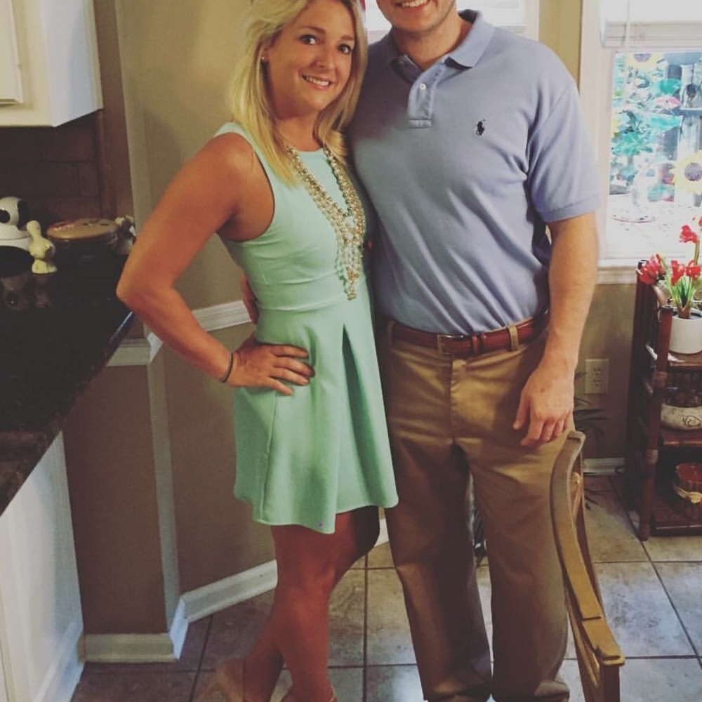 Blue/green sleeveless dress.